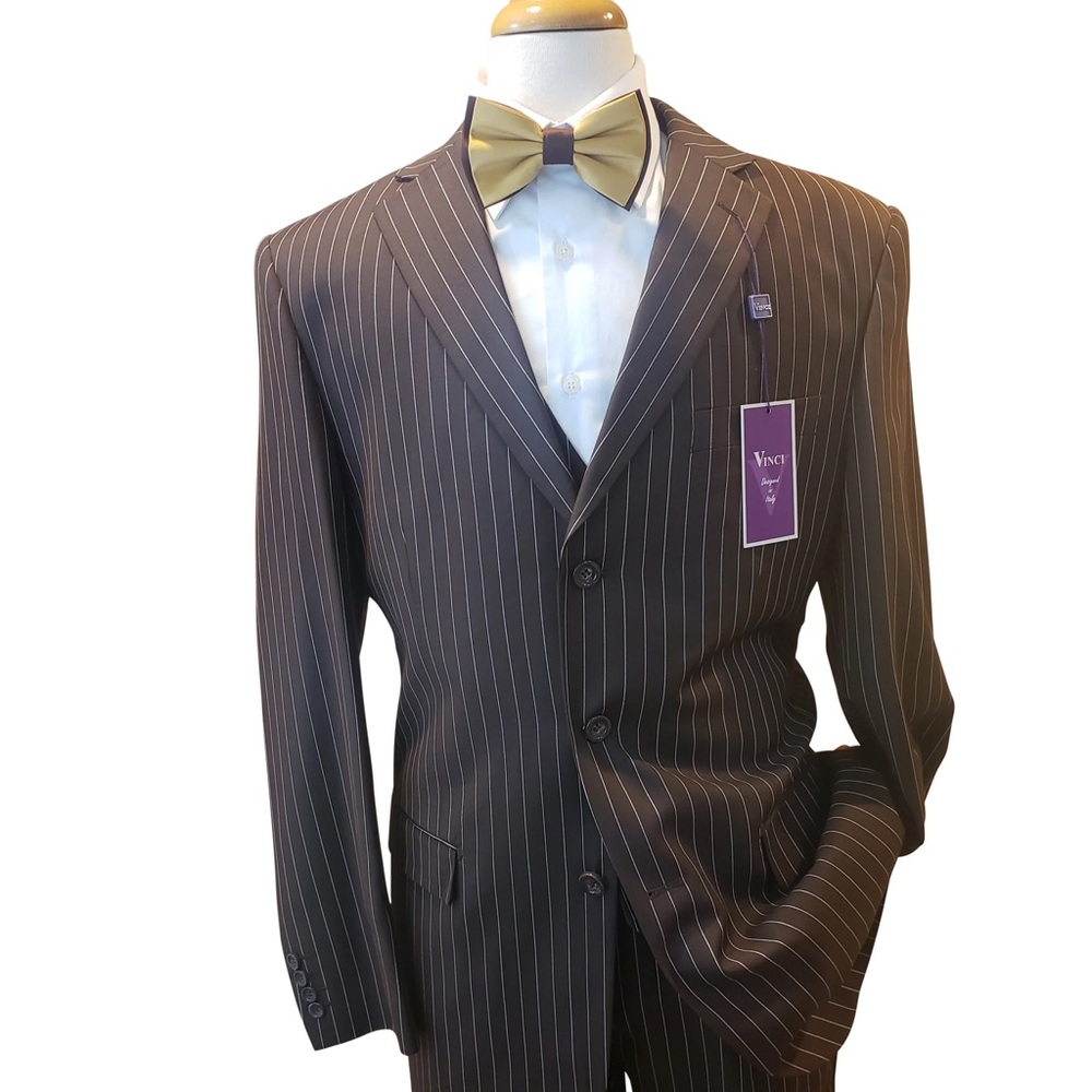 Vinci Men's Brown Pinstripe Three-Button Suit with Cream Bow Tie
